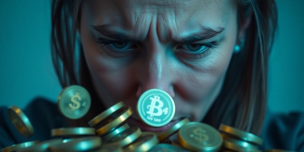 Distressed person observing falling digital coins.