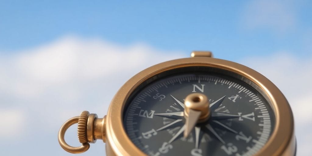 Compass pointing true north, clear sky.