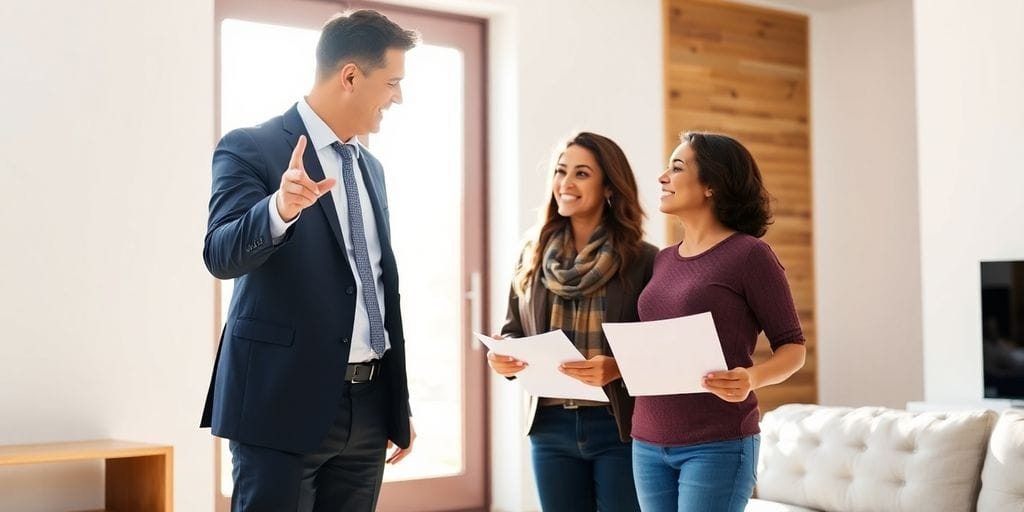 Broker and clients discuss property.