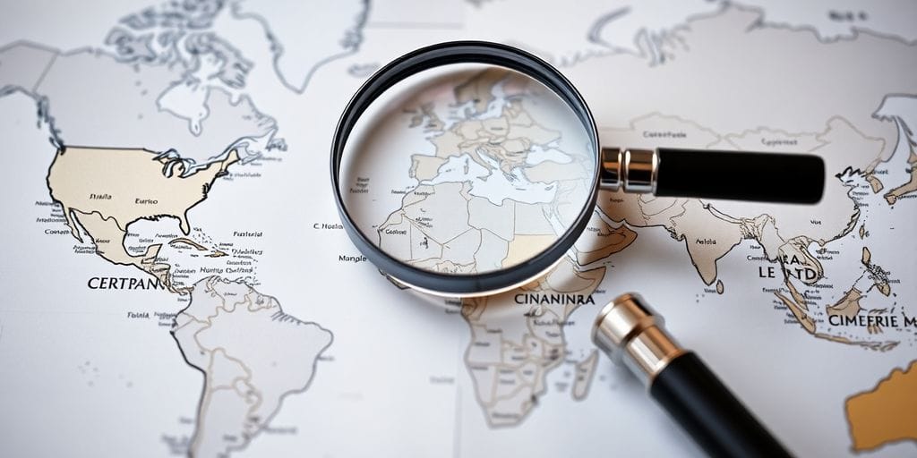 Global map with currency symbols, a magnifying glass.