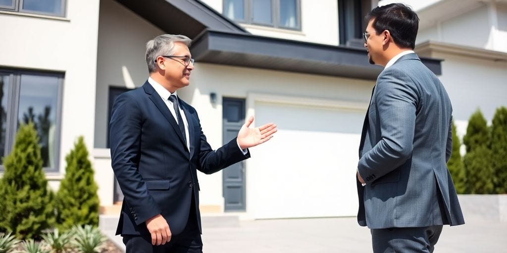 Two professionals discussing real estate.