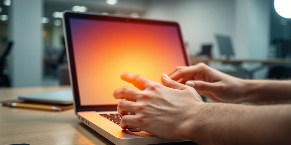 Hands on laptop, illuminated by financial data.