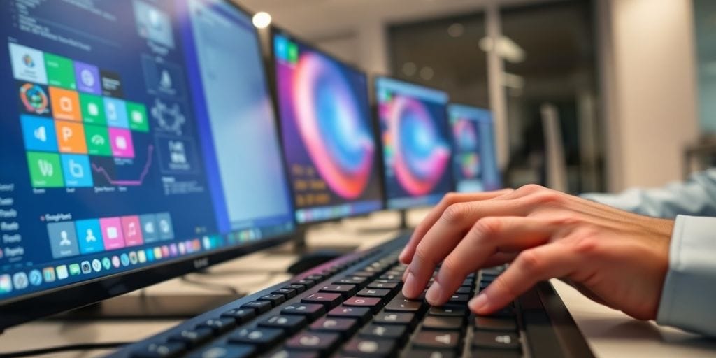 Hands typing on keyboard near multiple computer monitors.