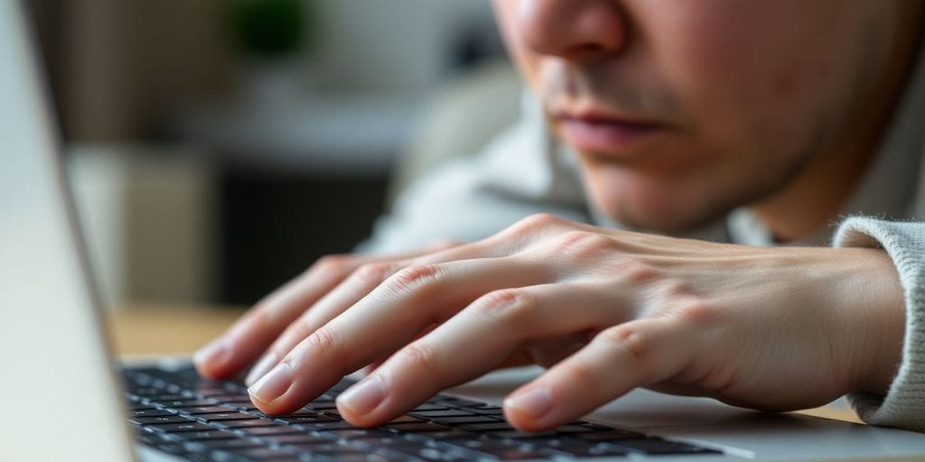 Person looks at a laptop screen with a concerned expression.