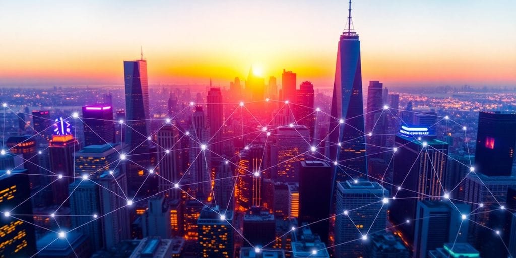 City skyline, diverse people, digital connections.