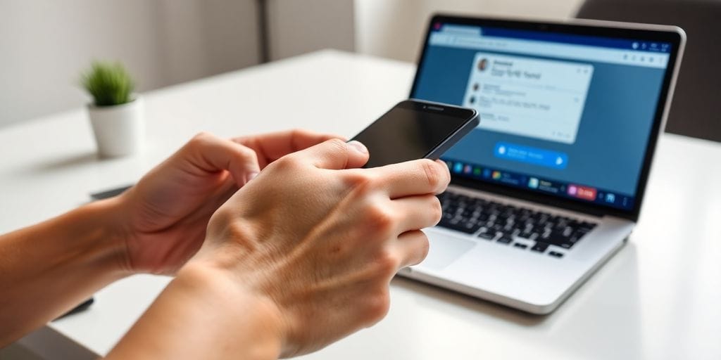 Person using phone and laptop for customer service.