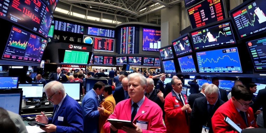 A busy trading floor with people working.
