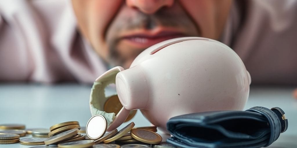 Distressed investor, broken piggy bank, falling coins, empty wallet.