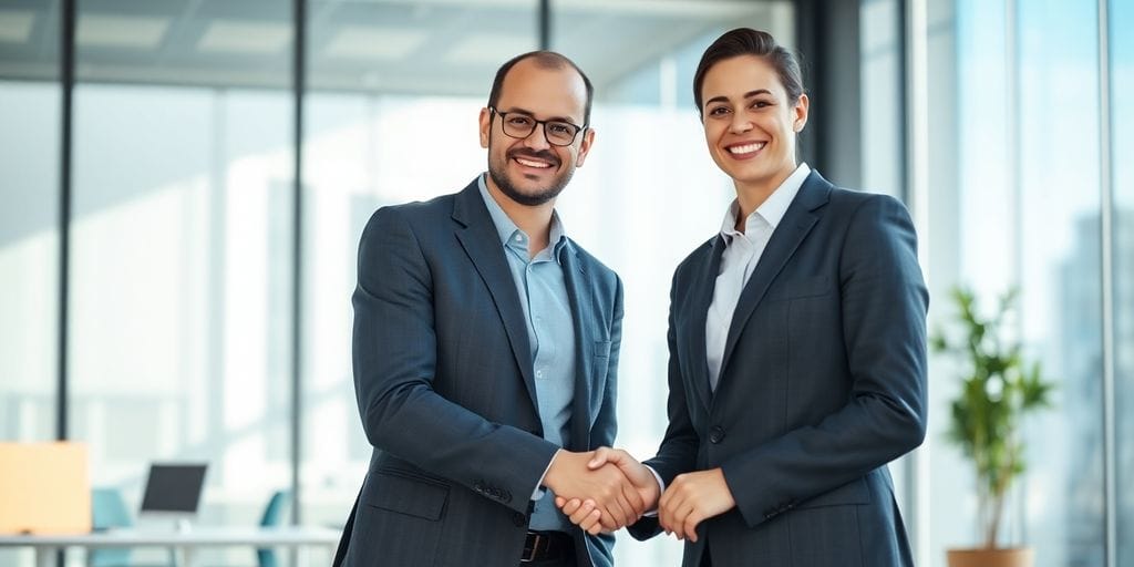 Professional people shaking hands, modern office interior.