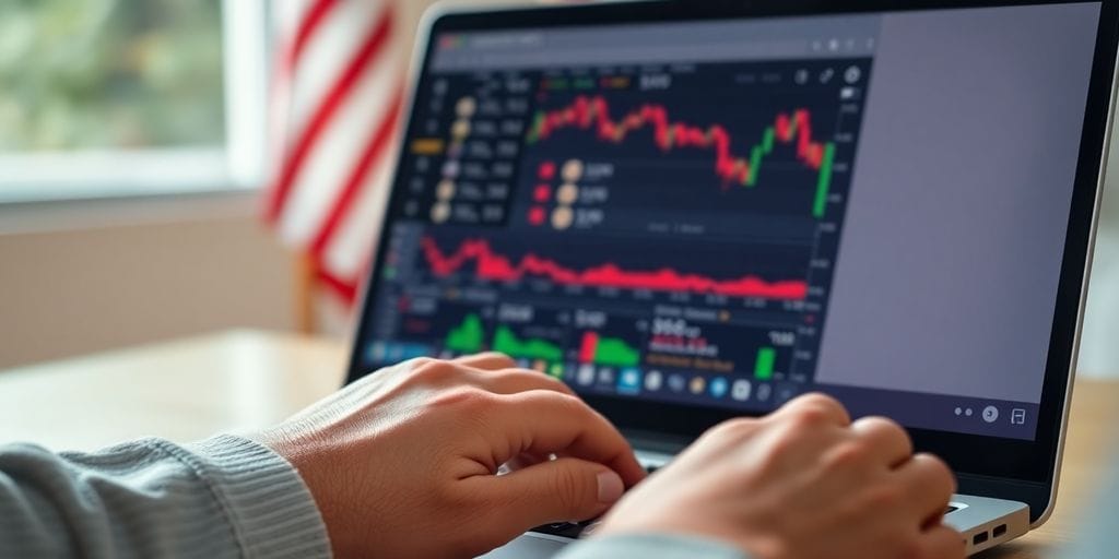 American investor navigating crypto exchange on laptop.