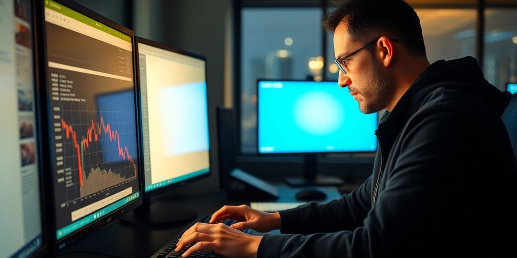 Bright screen, busy trader, multiple monitors.