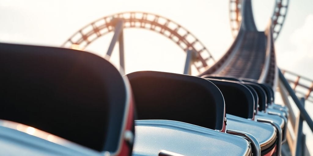 Rollercoaster carts on a steep track.