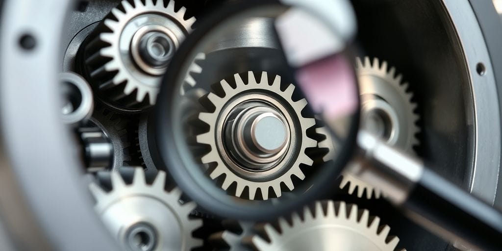 Magnifying glass over complex gears.