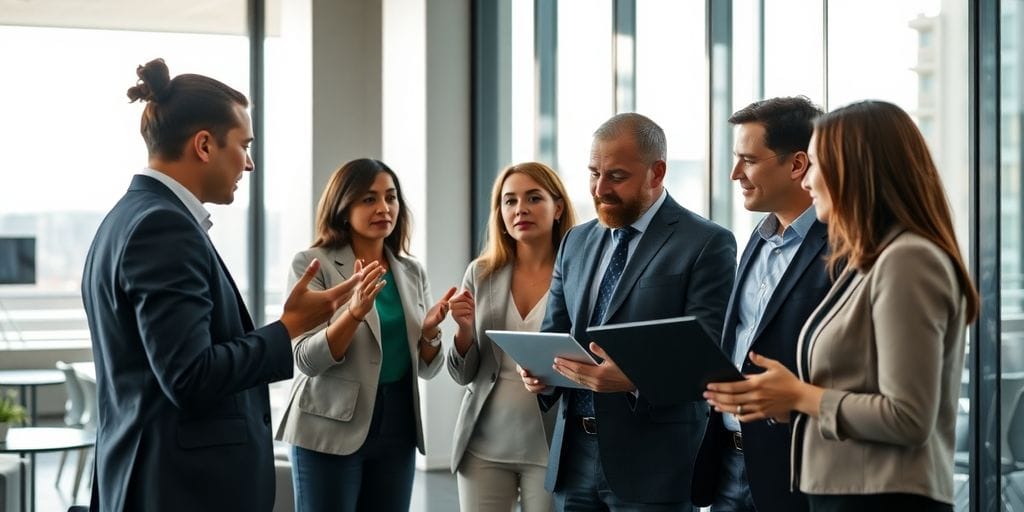 Financial professionals in a modern office.