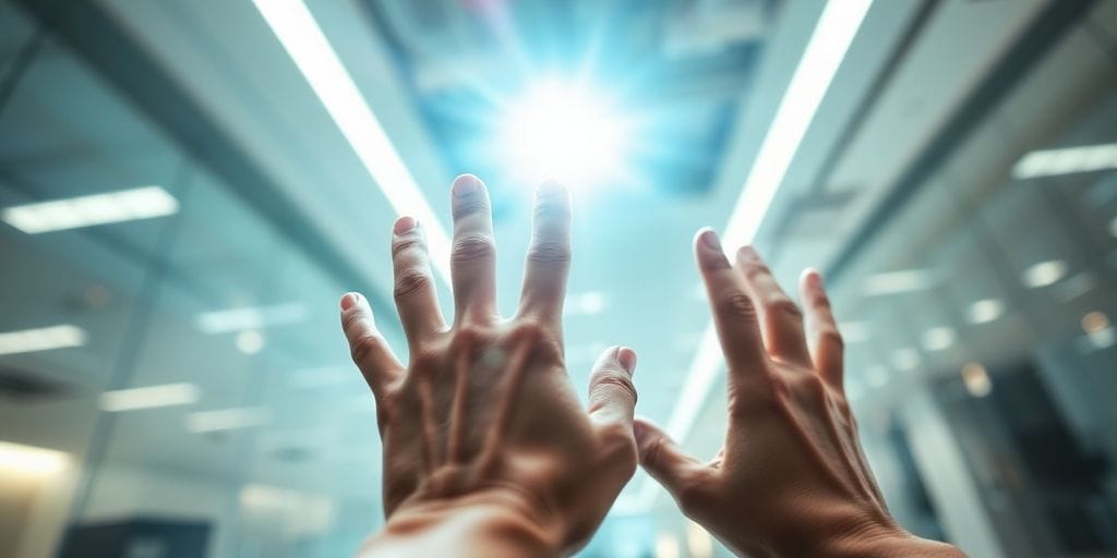 Hands interacting with a glowing digital interface.