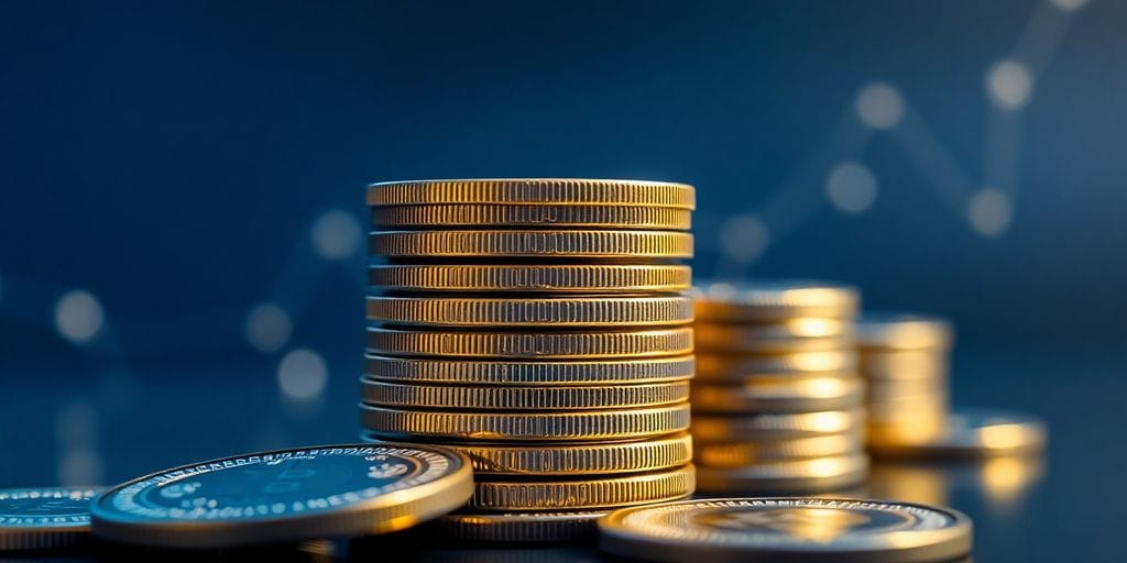 Metallic cryptocurrency coins with glowing lines, growing more coins.