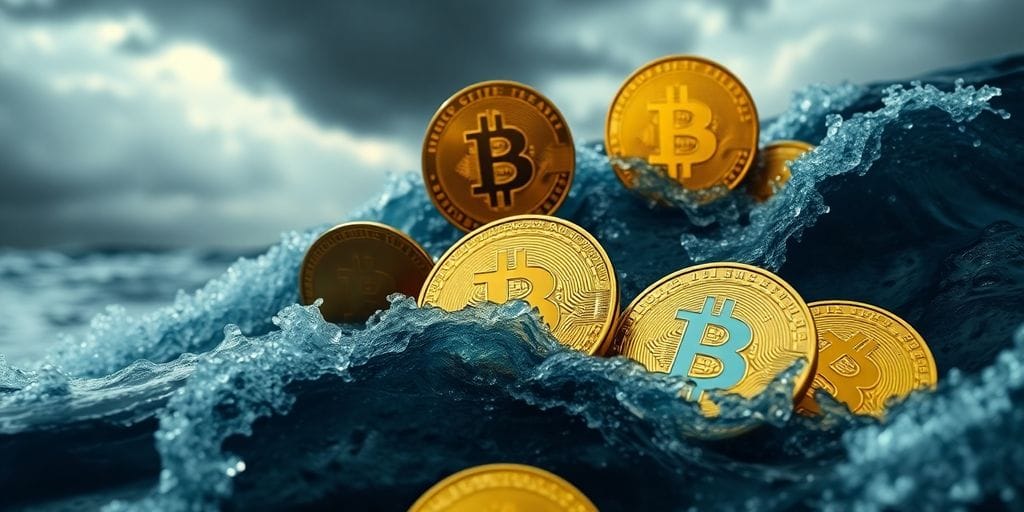 Digital coins in stormy sea