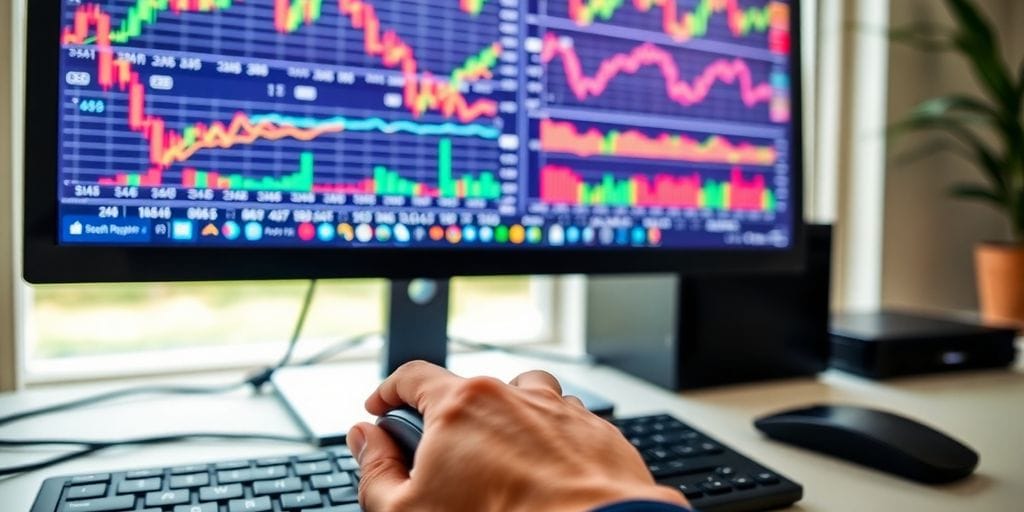 Desktop computer with hands on keyboard and mouse.