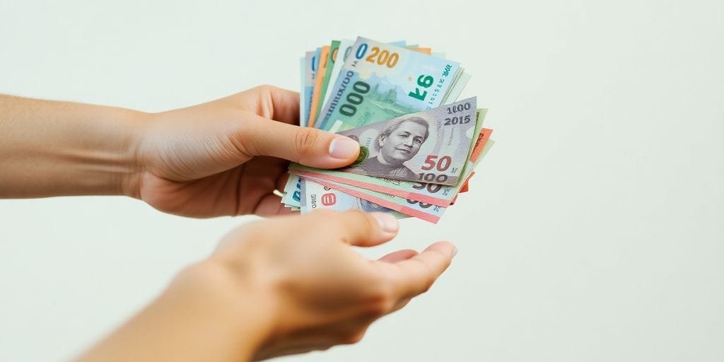 Hands exchanging international paper money.