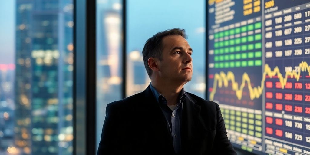 Businessman observing stock market data on a large screen.