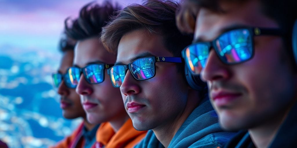Gamers immersed in crypto gaming, futuristic digital world.