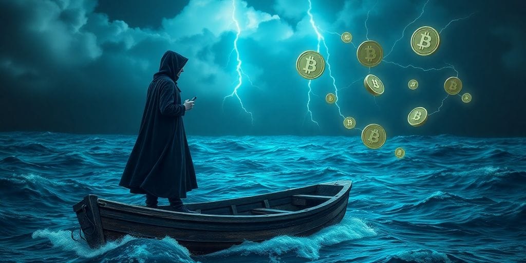 Person navigating stormy crypto seas, digital waves.