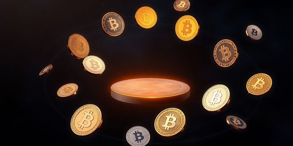 Bright, glowing crypto coins orbiting a central platform.