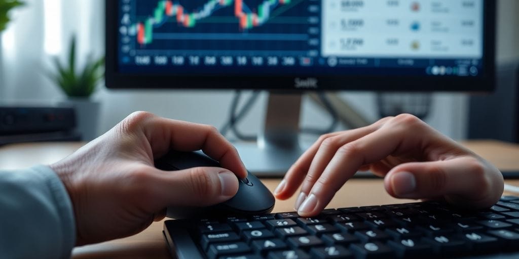 Hands poised over a trading platform on a computer.