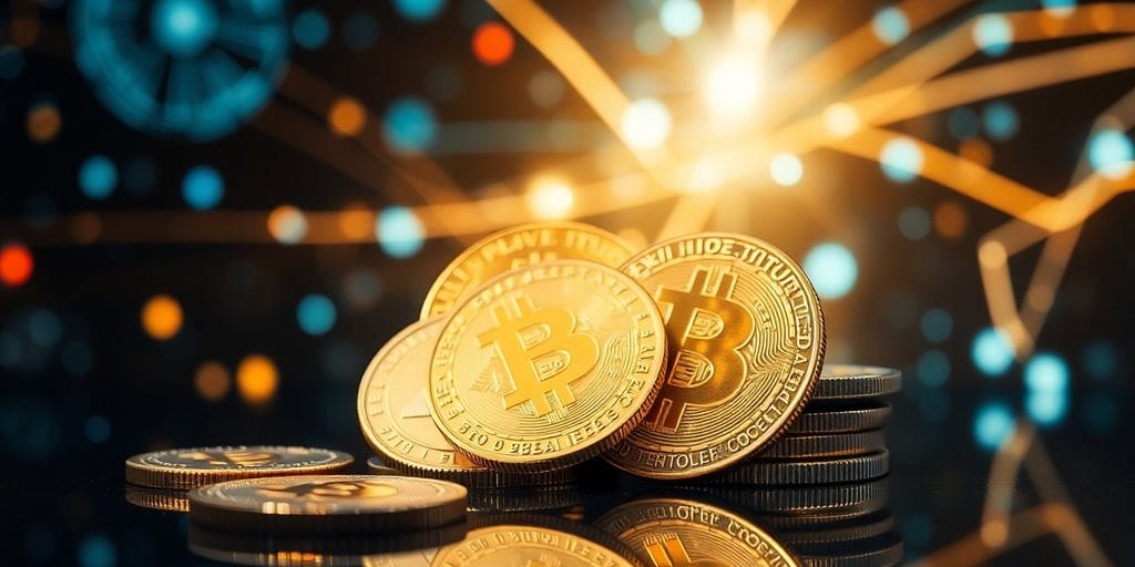 Coins and digital elements floating in space.