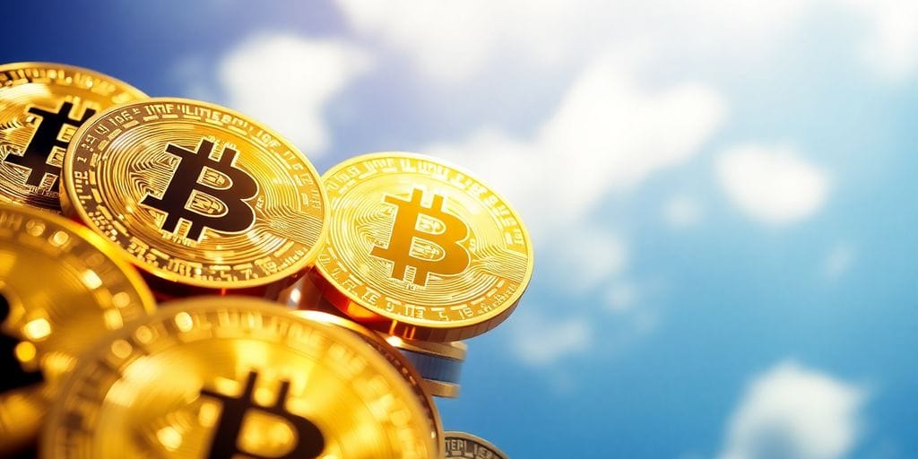 Digital coins soaring into a bright sky.