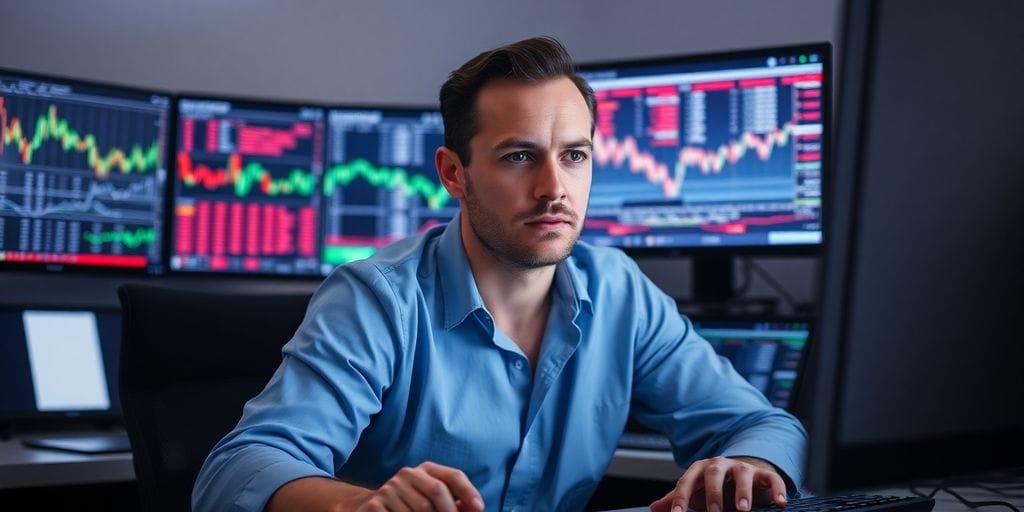 Trader analyzing multiple screens, focused expression.
