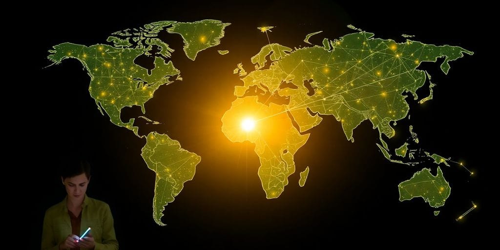 Global map, diverse traders, glowing financial data, unified market