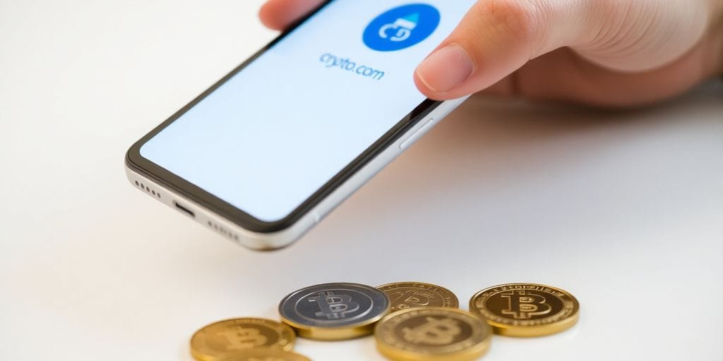 Smartphone displaying crypto app, coins nearby.