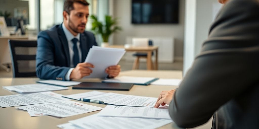 Professional broker, client, insurance documents, office setting