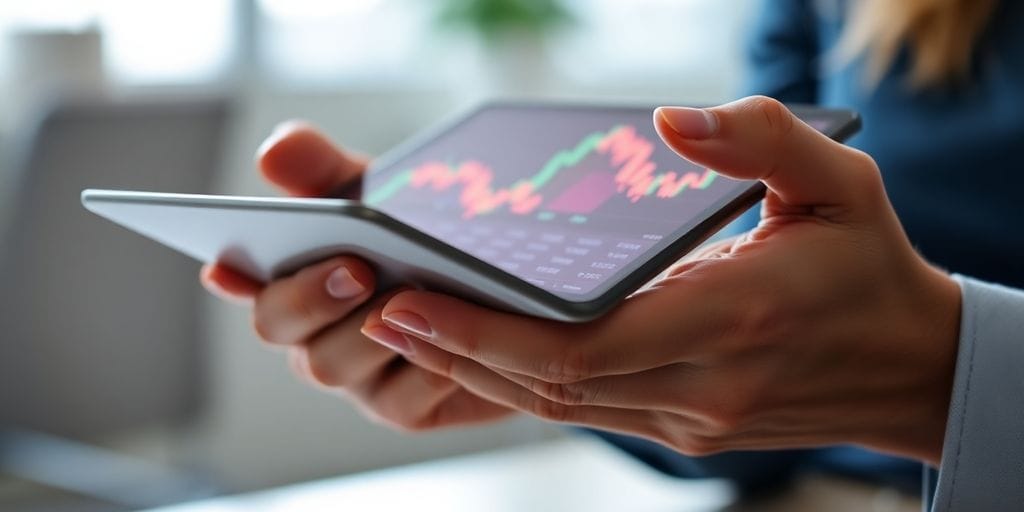 Hands holding a tablet with financial charts.