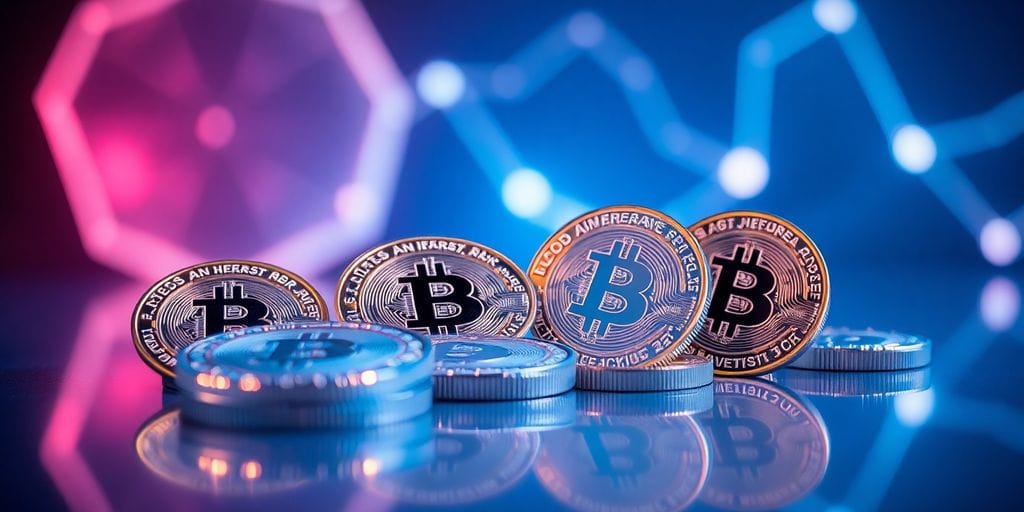 Digital currency coins in a futuristic setting.