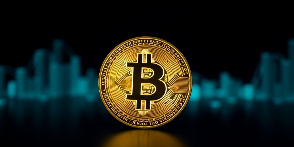 Glowing Bitcoin coin, digital background.