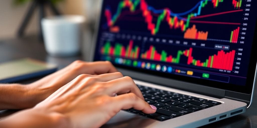 Laptop displaying financial charts, hands interacting.