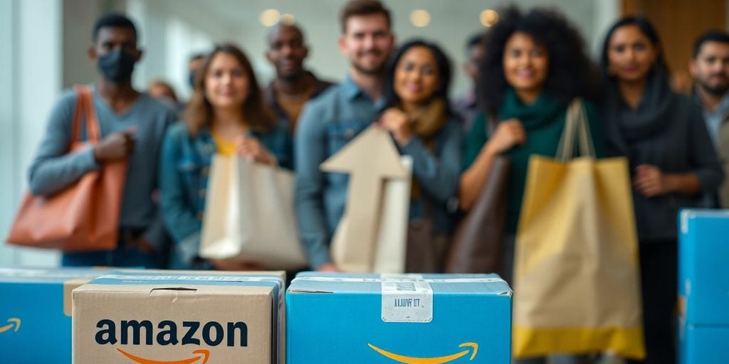 Amazon boxes, rising arrow, diverse people.