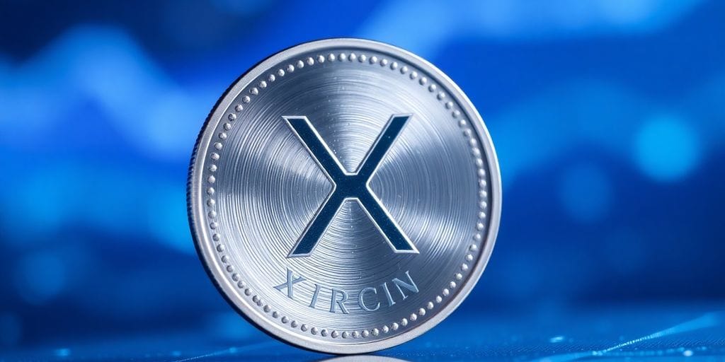 Glowing XRP coin floating above futuristic digital landscape