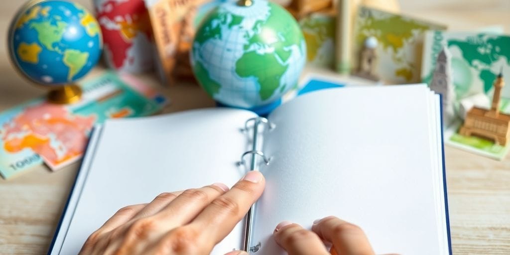 Hands holding a notebook among world currency and a globe.