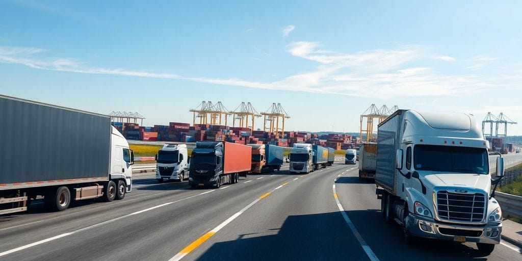 Trucks on highway, diverse cargo containers, global logistics hub.