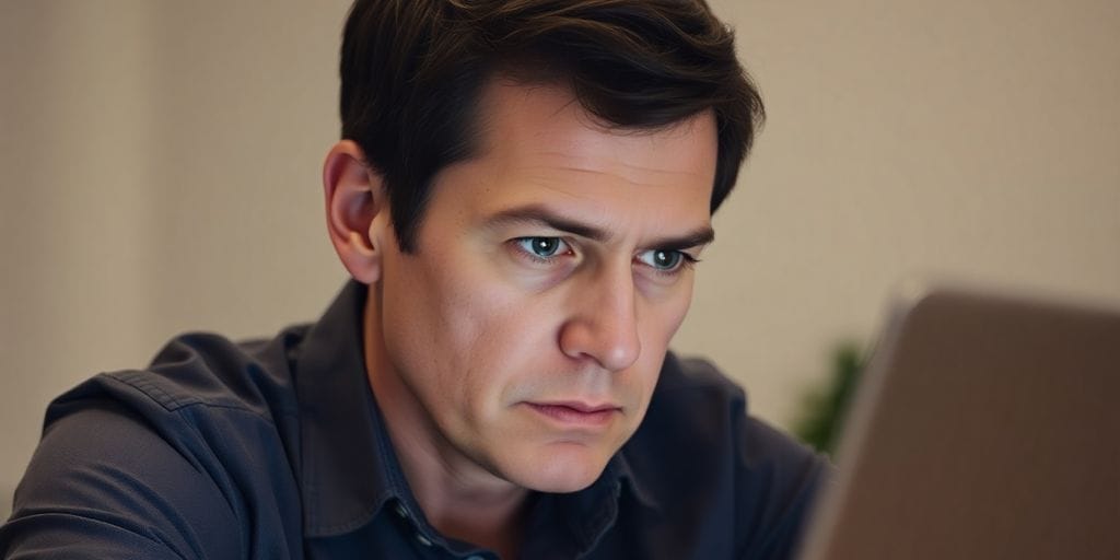 Man looking at laptop, serious expression