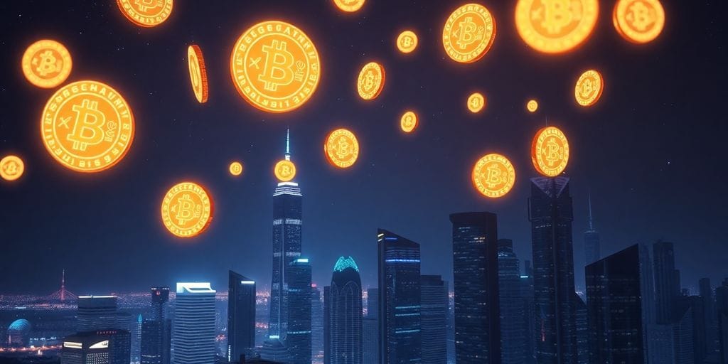 Glowing digital coins floating above a futuristic city.