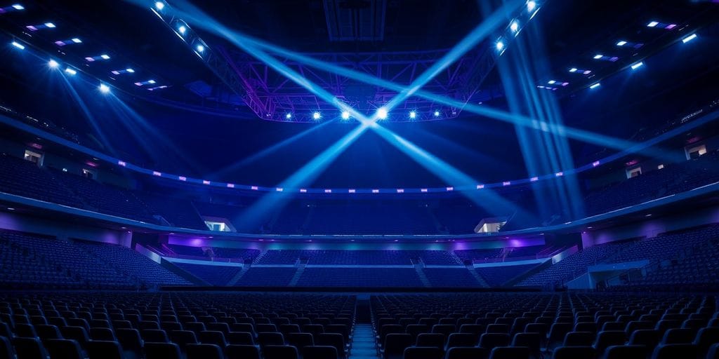 Futuristic arena interior, glowing lights, empty seats.