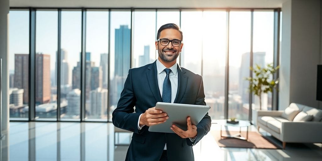 Professional brokers, modern office, city views.