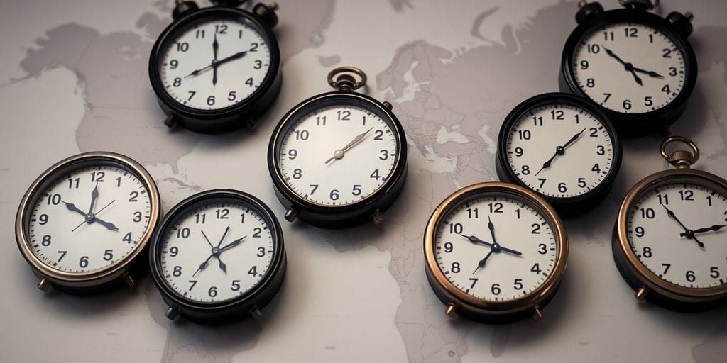 Global clocks on world map.