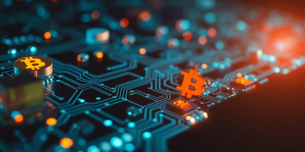 Glowing circuits and cryptocurrency symbols.