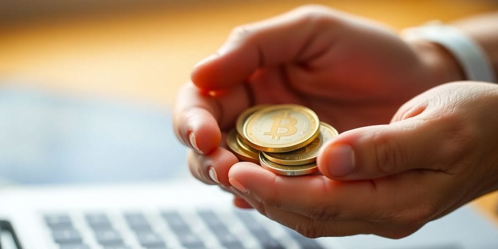 Person holding coins, looking at laptop.