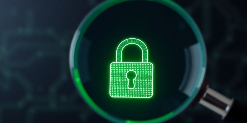 Magnifying glass over suspicious digital lock.
